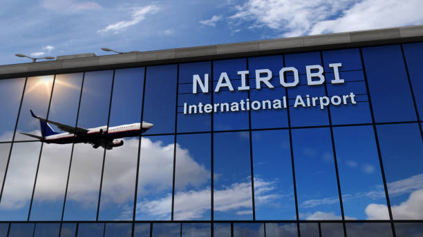 Jet aircraft landing at Nairobi, Kenya 3D rendering illustration. Arrival in the city with the glass airport terminal and reflection of the plane. Travel, business, tourism and transport concept.